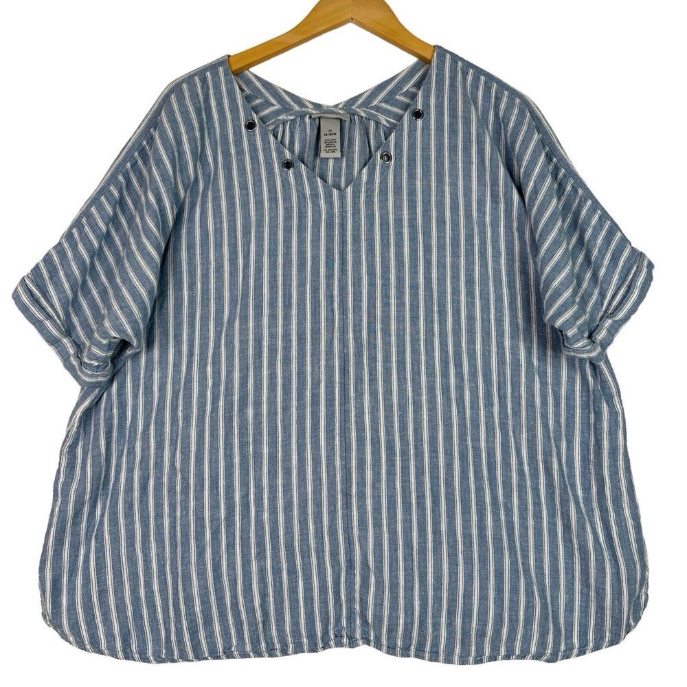 Catherines Women Top Blouse Sz 1X ‎ Blue White Striped Linen Blend Dolman Sleeve